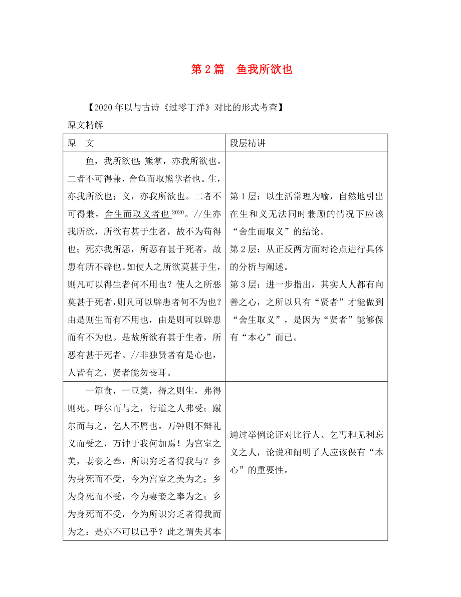 （課標版）安徽省2020中考語文 第二部分 閱讀專題四 文言文閱讀 第2篇 魚我所欲也_第1頁