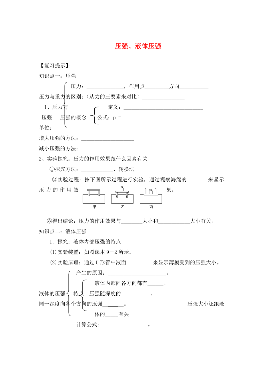 遼寧省東港市小甸子中學(xué)2020屆九年級(jí)物理總復(fù)習(xí) 壓強(qiáng)、液體壓強(qiáng)學(xué)案（無(wú)答案）_第1頁(yè)