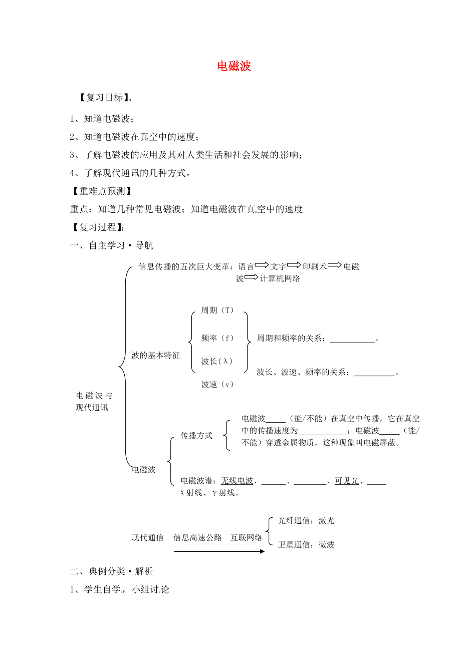 福建省南安市石井鎮(zhèn)厚德中學(xué)2020屆中考物理第一輪復(fù)習(xí) 電磁波學(xué)案（無答案）_第1頁