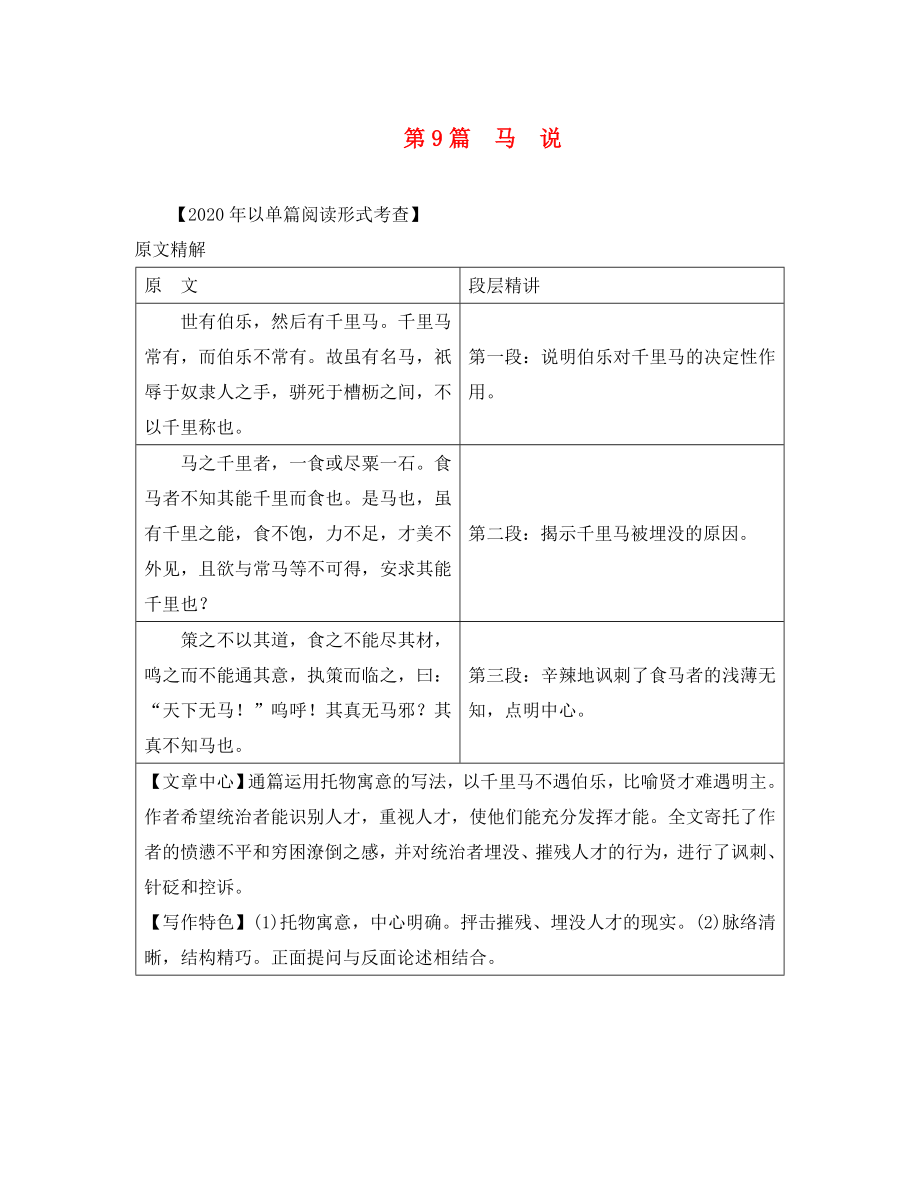 （課標版）安徽省2020中考語文 第二部分 閱讀專題四 文言文閱讀 第9篇 馬說_第1頁