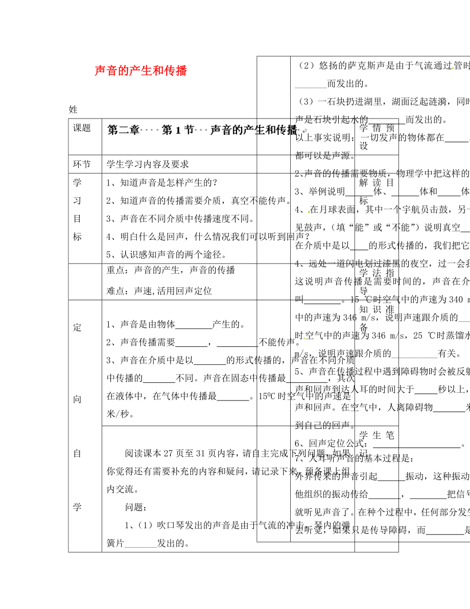 貴州省六盤水市第十三中學(xué)八年級物理上冊 第二章 第一節(jié) 聲音的產(chǎn)生和傳播導(dǎo)學(xué)案（無答案）（新版）新人教版_第1頁