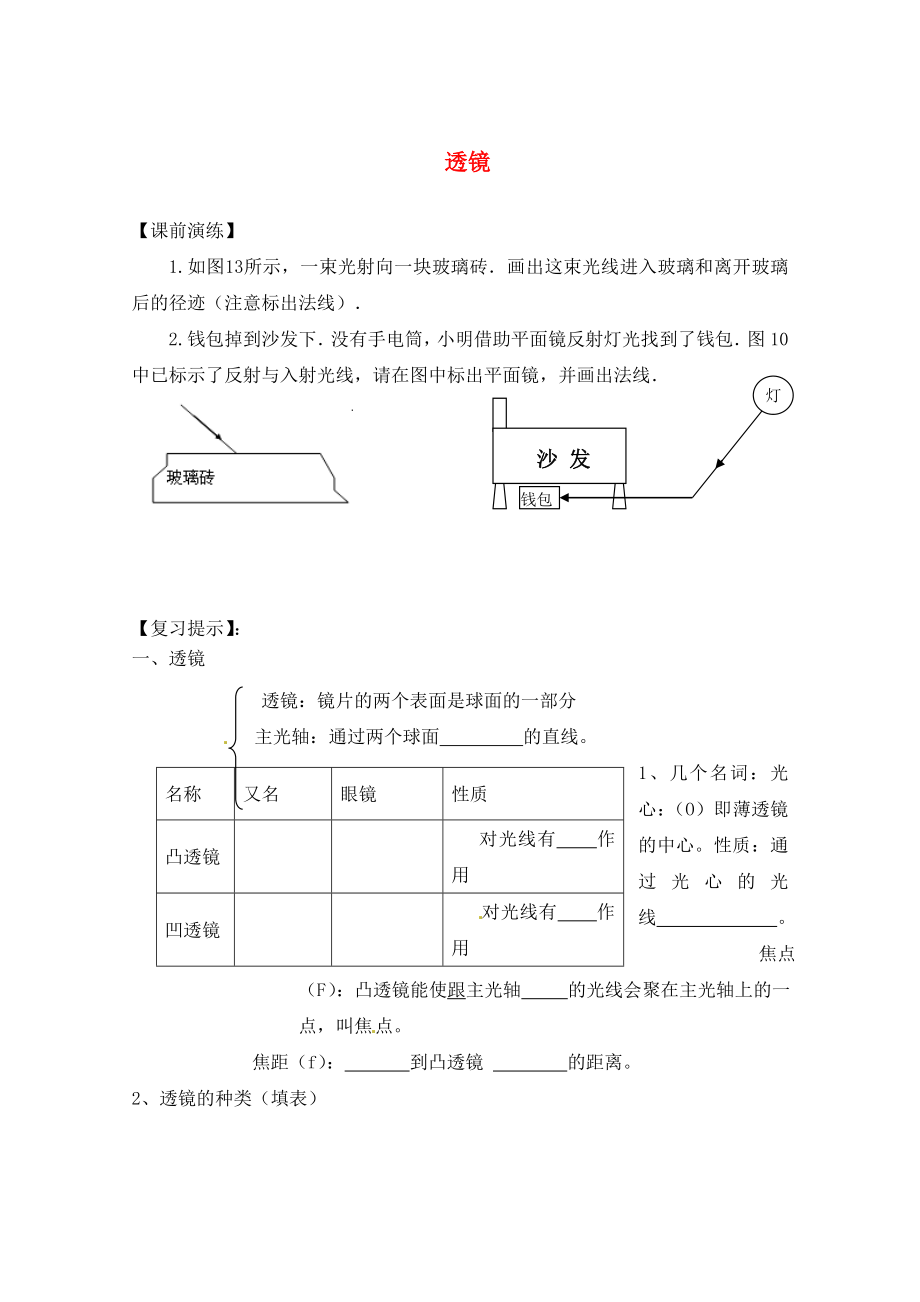 遼寧省東港市小甸子中學(xué)2020屆九年級(jí)物理總復(fù)習(xí) 透鏡學(xué)案（無答案）_第1頁