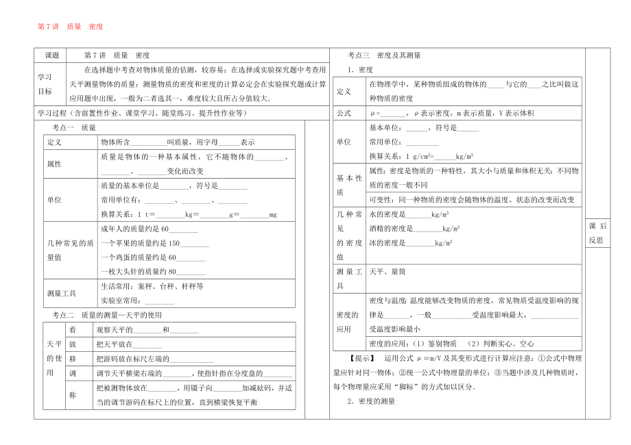 河北省邯鄲市涉縣索堡中學(xué)2020學(xué)年中考物理一輪復(fù)習(xí)《第7講 質(zhì)量 密度》導(dǎo)學(xué)案（無答案）_第1頁