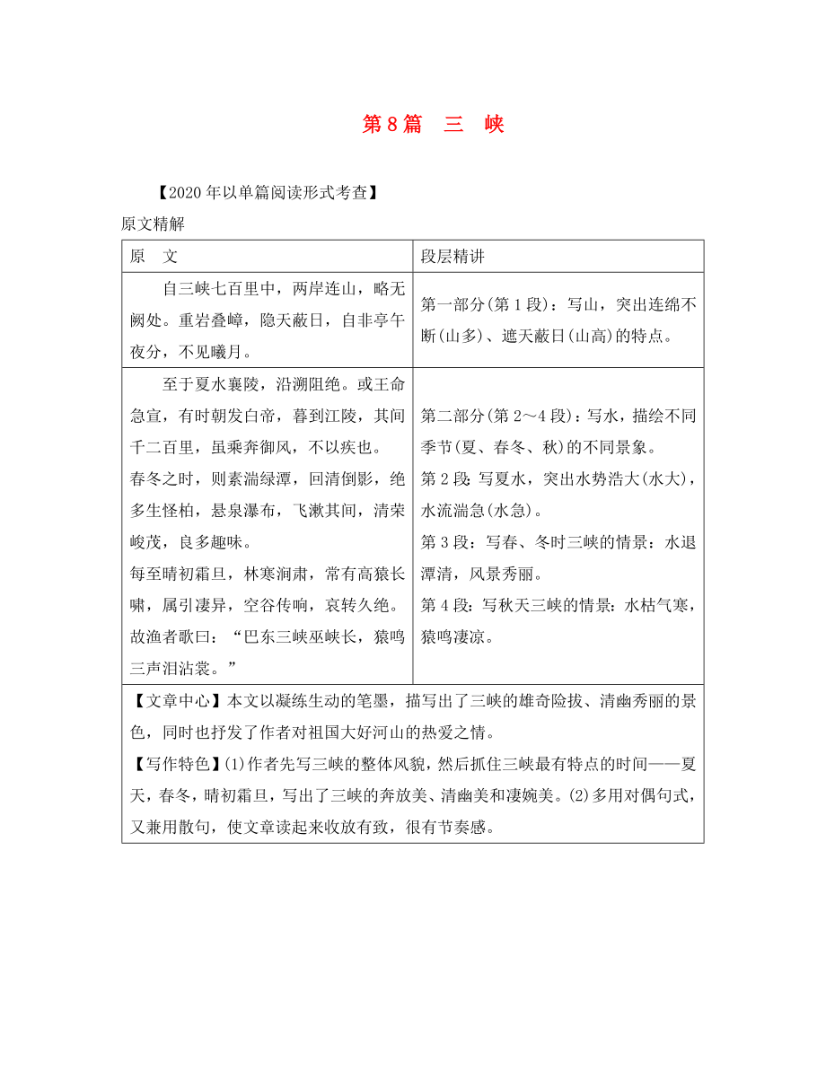 （課標版）安徽省2020中考語文 第二部分 閱讀專題四 文言文閱讀 第8篇 三峽_第1頁