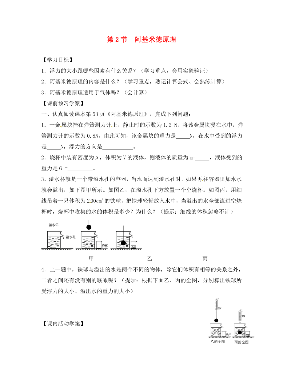 湖北省北大附中武汉为明实验学校八年级物理下册 10.2 阿基米德原理学案（无答案）（新版）新人教版_第1页