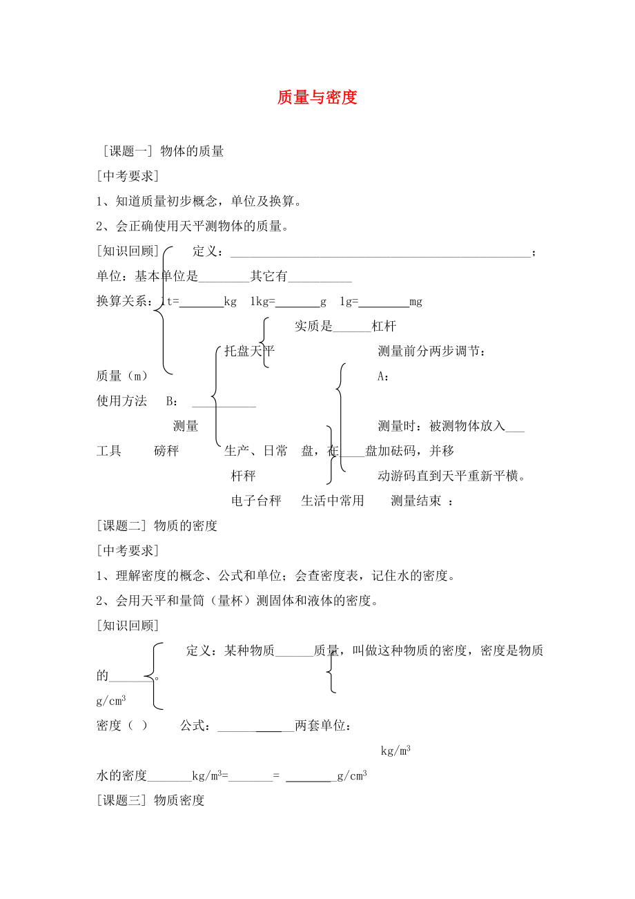 遼寧省鞍山市教師進(jìn)修學(xué)院2020屆中考物理第一輪復(fù)習(xí) 質(zhì)量和密度學(xué)案（無(wú)答案） 新人教版_第1頁(yè)