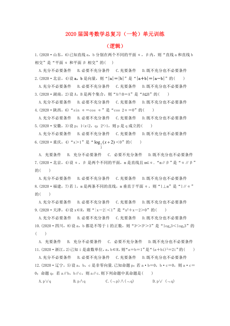 福建省安溪藍(lán)溪中學(xué)2020屆高三數(shù)學(xué)一輪復(fù)習(xí) 單元訓(xùn)練2 邏輯（無答案）_第1頁