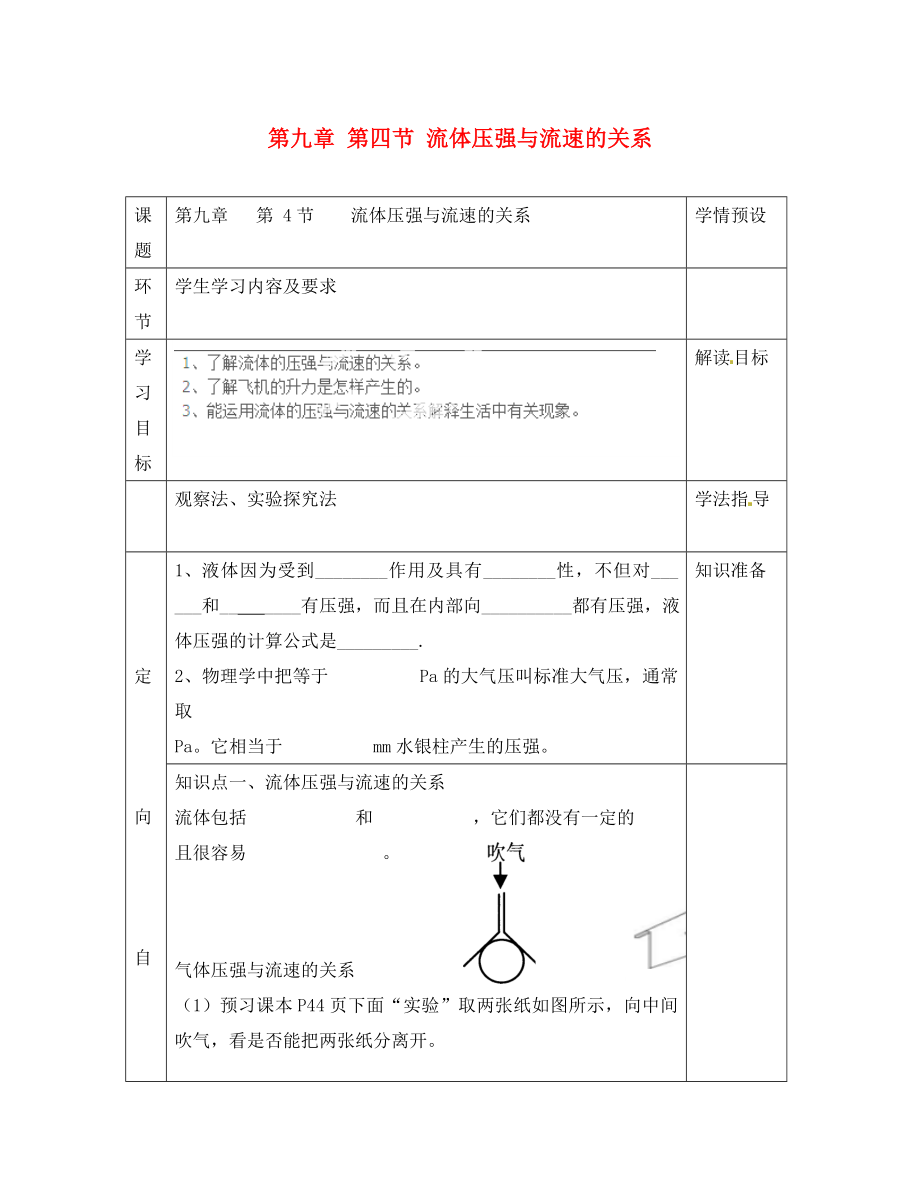 贵州省六盘水市第十三中学八年级物理下册 第九章 第四节 流体压强与流速的关系导学案（无答案）（新版）新人教版_第1页