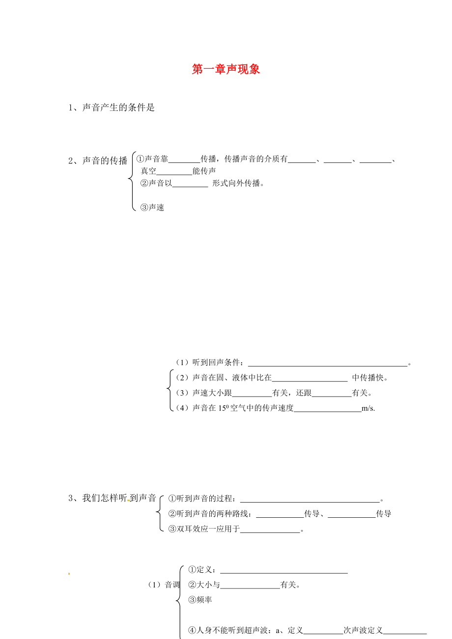 山東省龍口市諸由觀鎮(zhèn)諸由中學中考物理總復習 知識網(wǎng)絡 第一章 聲現(xiàn)象（無答案）_第1頁