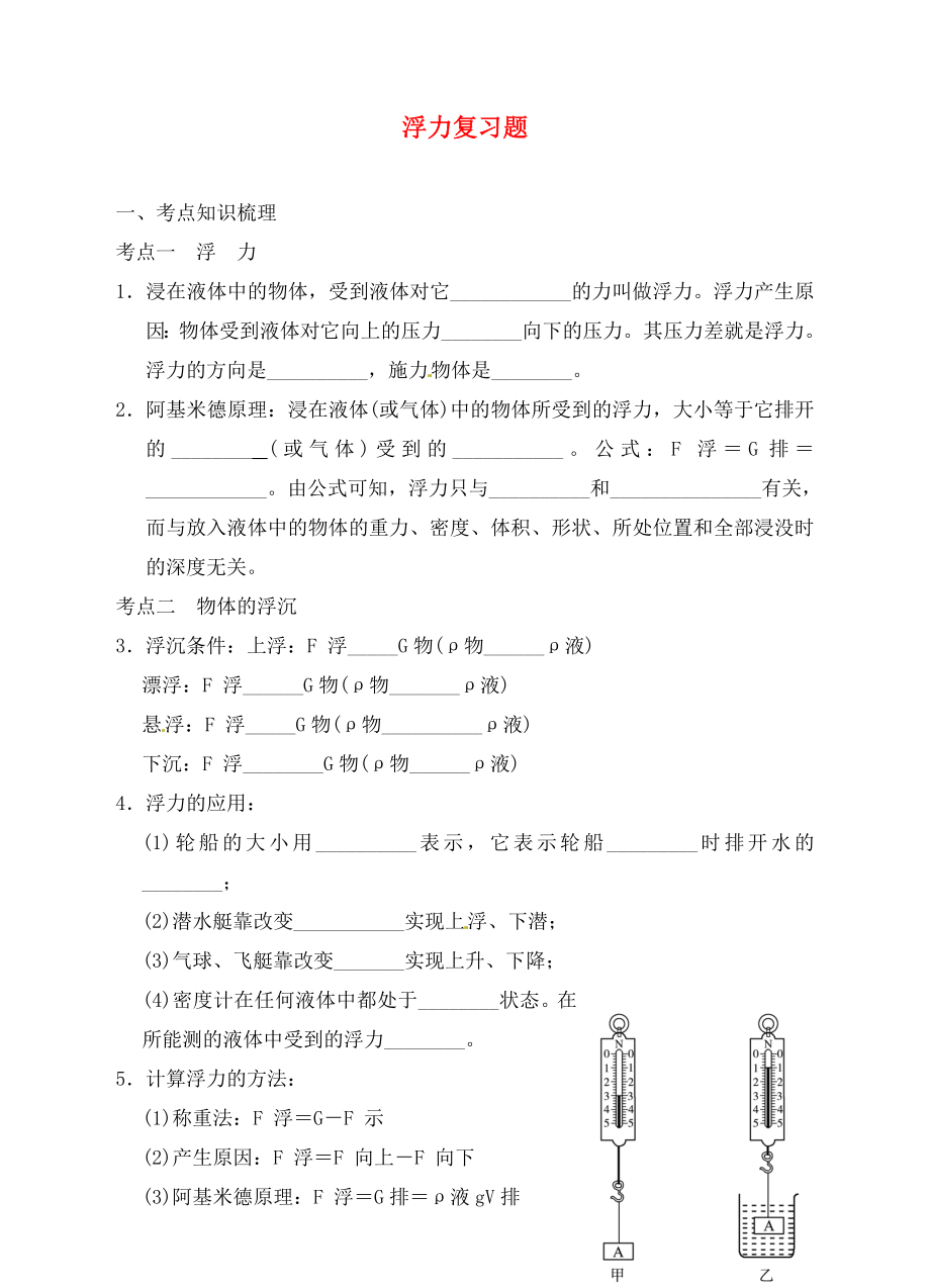 浙江省瑞安市汀田第三中學(xué)2020屆九年級(jí)物理 浮力復(fù)習(xí)題（無(wú)答案）_第1頁(yè)