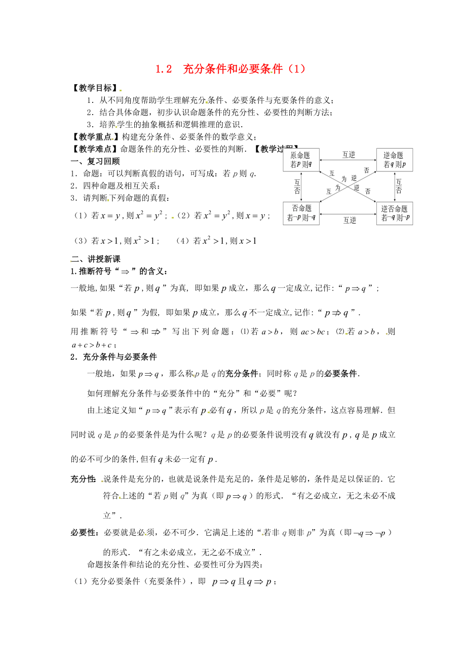 高中數(shù)學(xué) 第一章《充分條件和必要條件》教案1 新人教A版選修1-1_第1頁