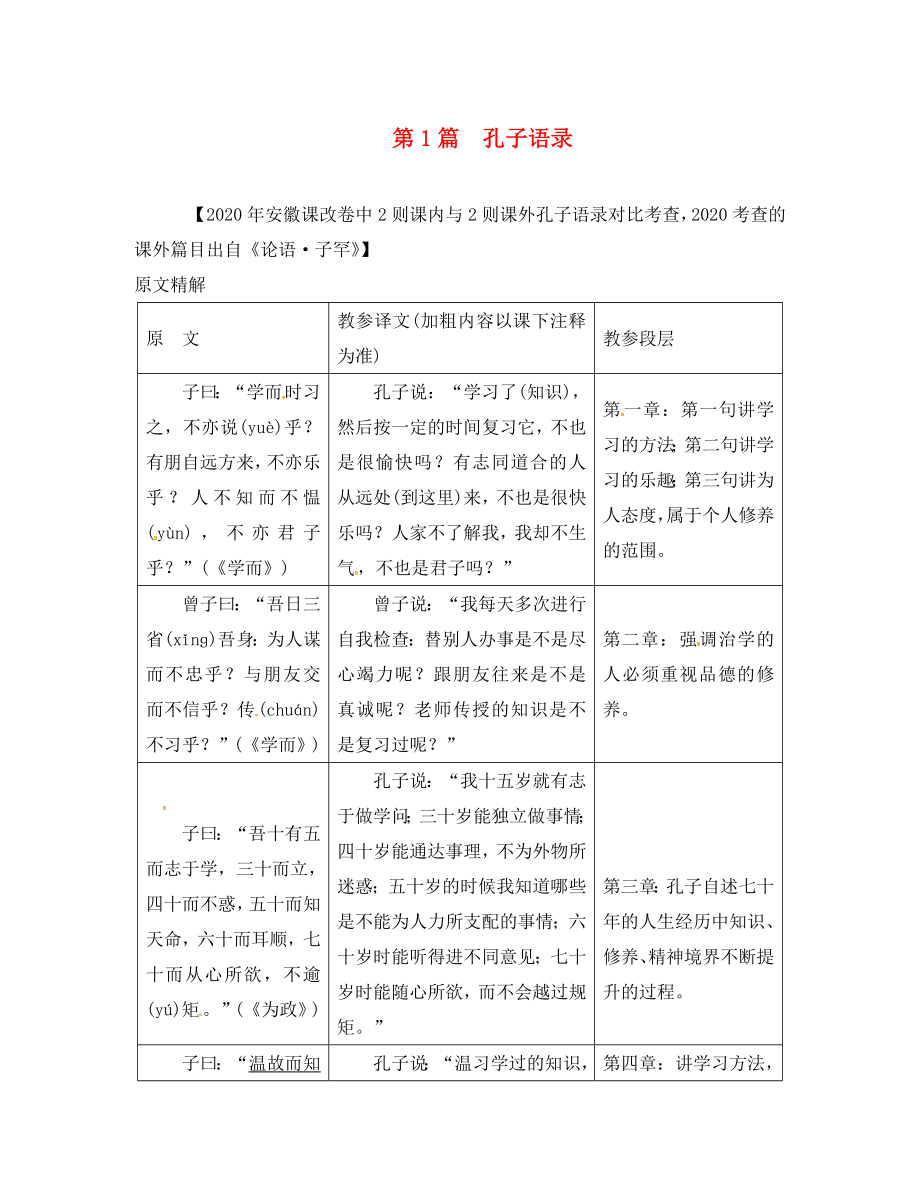 （安徽專用）2020屆中考語文 專題復習四 文言文閱讀 第1篇 孔子語錄素材_第1頁