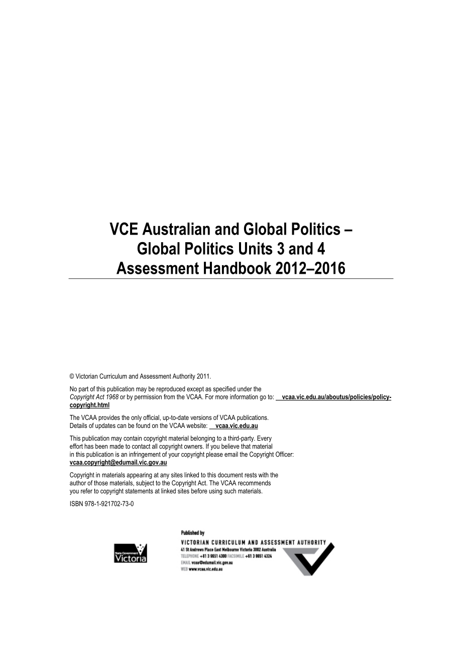 VCE Australian and Global Politics Assessment HandbookVCE澳大利亚和全球政治评估手册_第1页