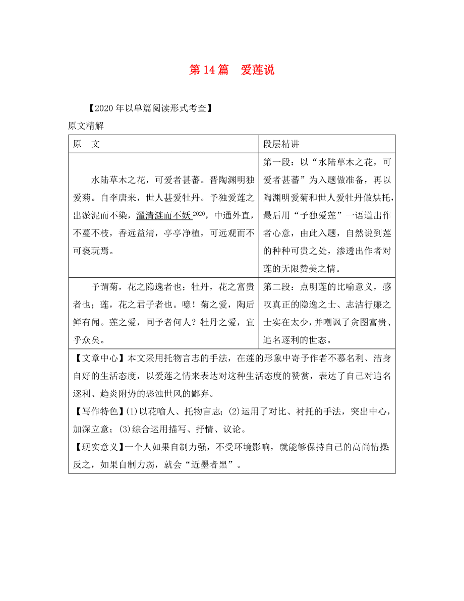 （課標(biāo)版）安徽省2020中考語(yǔ)文 第二部分 閱讀專題四 文言文閱讀 第14篇 愛(ài)蓮說(shuō)（通用）_第1頁(yè)