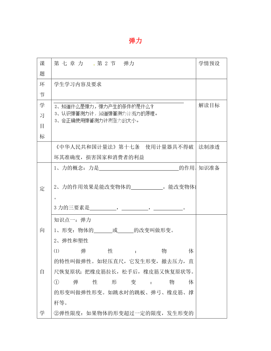 贵州省六盘水市第十三中学八年级物理下册 第七章 第二节 弹力导学案（无答案）（新版）新人教版_第1页