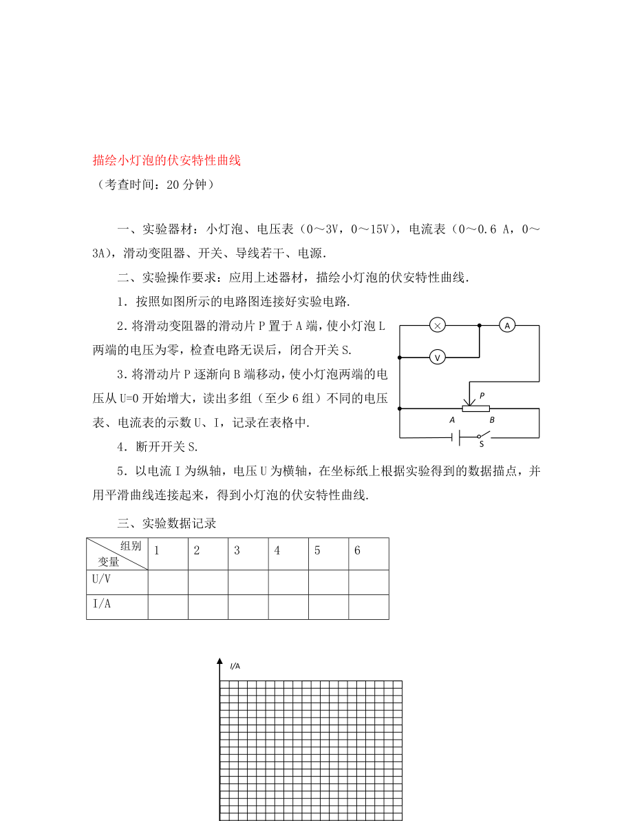 四川省2020屆普通高中物理 學(xué)業(yè)水平考試實(shí)驗(yàn)操作考查試題（三）《描繪小燈泡的伏安特性曲線(xiàn)》（無(wú)答案）_第1頁(yè)