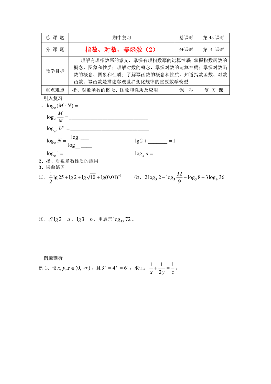 高中數(shù)學(xué) 第45課時 指數(shù)對數(shù)冪函數(shù)復(fù)習(xí)（2）教學(xué)案 新人教A版_第1頁