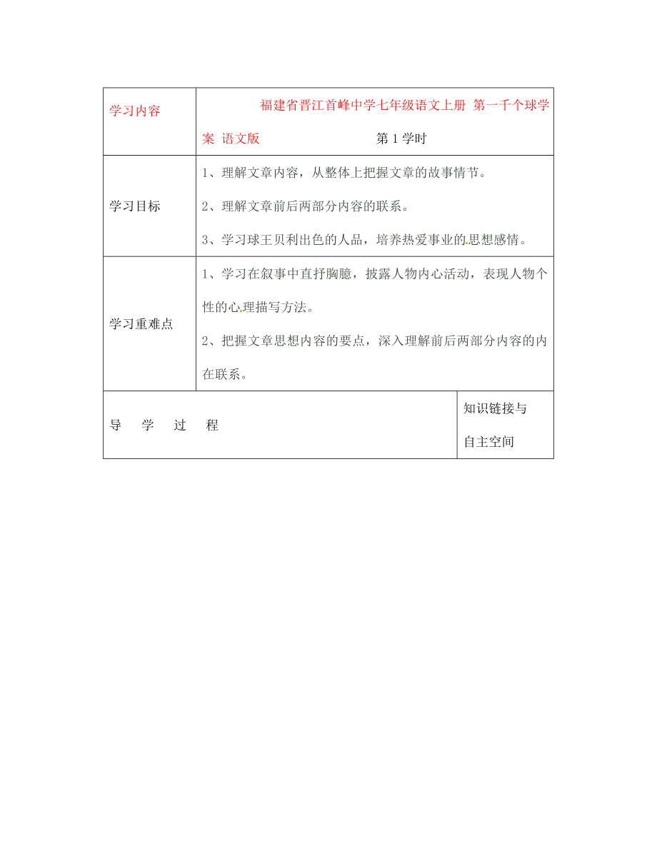 福建省晋江首峰中学七年级语文上册 第一千个球学案（无答案） 语文版_第1页