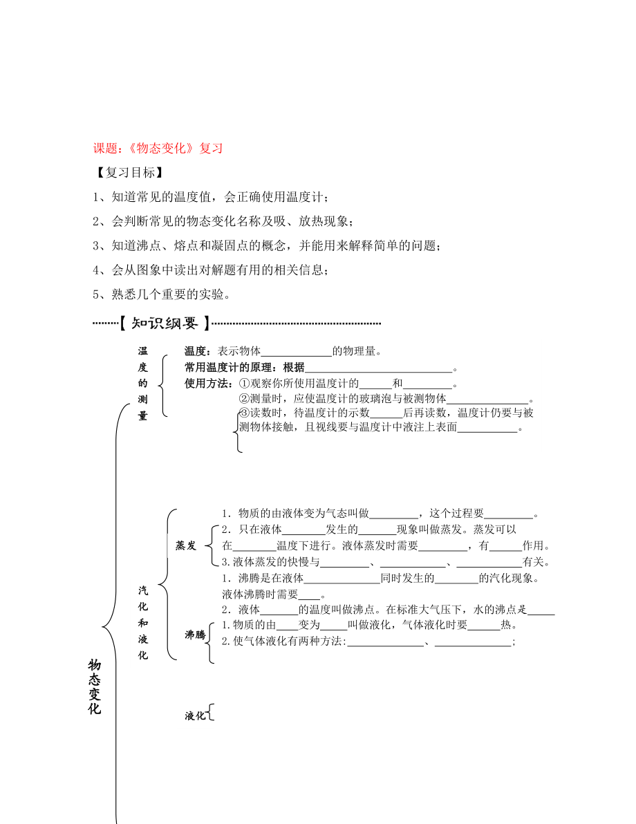 2020秋八年級物理上冊《第二章 物態(tài)變化》（預(yù)習(xí)導(dǎo)學(xué)+例題精析+當堂訓(xùn)練+課堂檢測+課后練習(xí)）（無答案） （新版）蘇科_第1頁