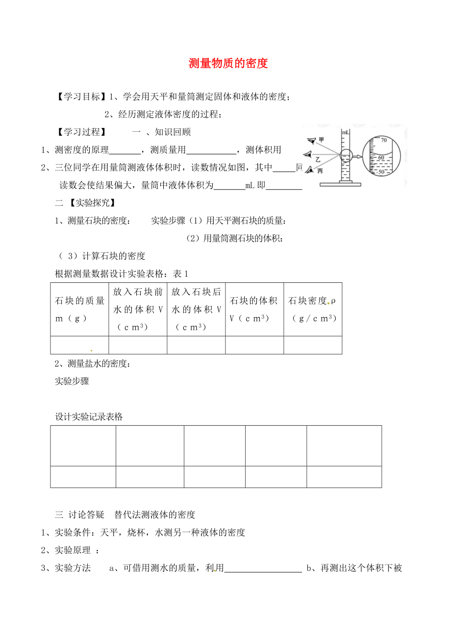 湖南省茶陵縣世紀(jì)星實驗學(xué)校九年級物理全冊 測量物質(zhì)的密度學(xué)案（無答案） 新人教版_第1頁