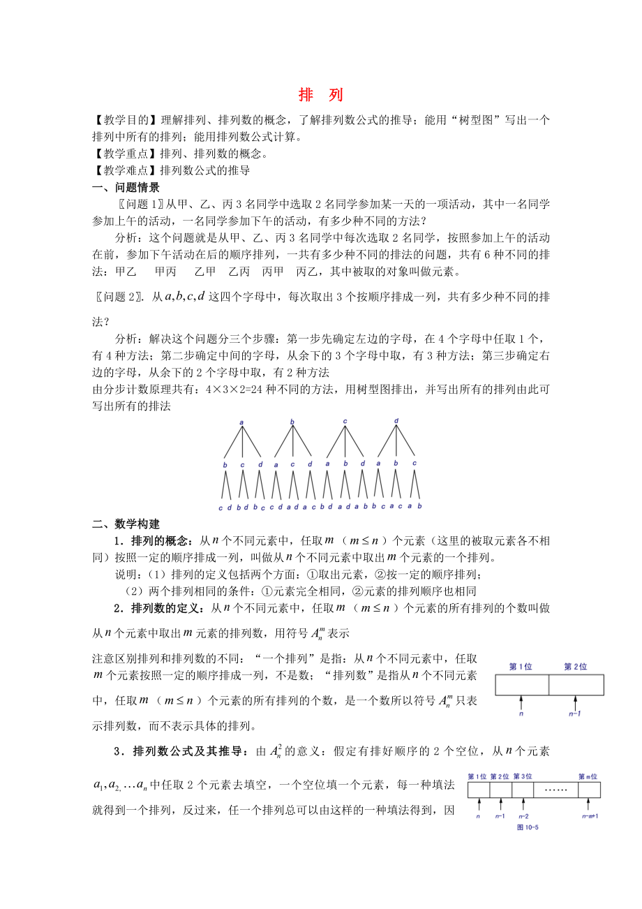 高中數(shù)學(xué) 排列教案 新人教A版選修2-3_第1頁