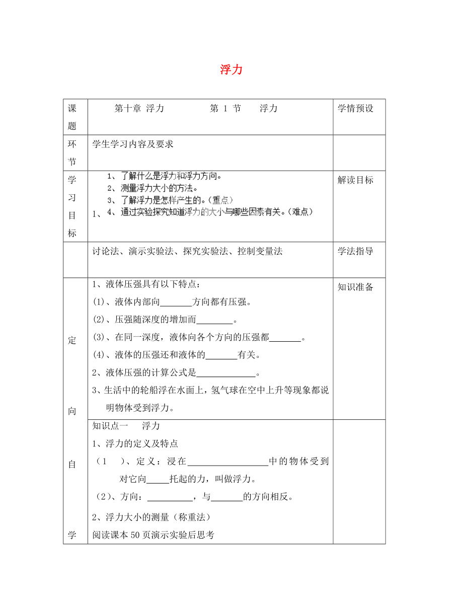 贵州省六盘水市第十三中学八年级物理下册 第十章 浮力 第一节 浮力导学案（无答案）（新版）新人教版_第1页