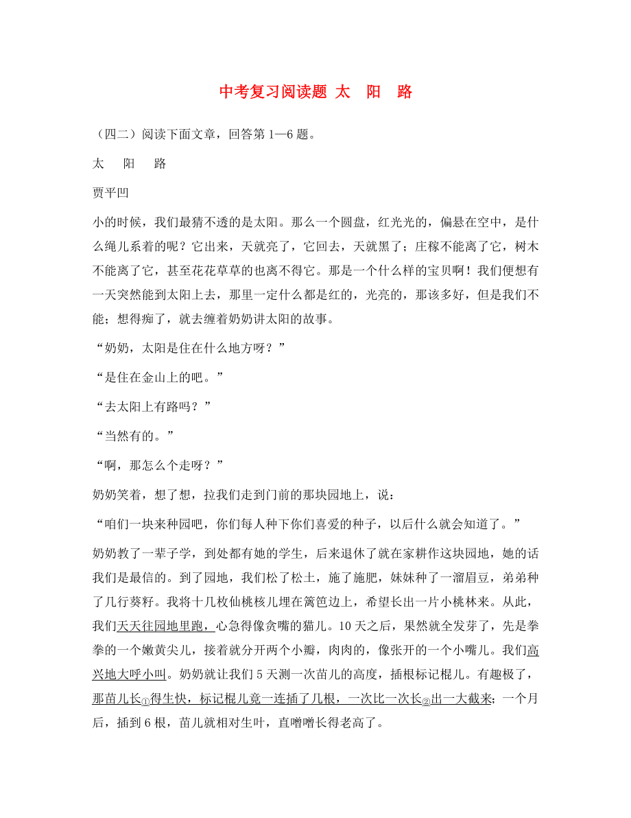 黑龍江省哈爾濱市第一零九中學(xué)中考語文閱讀題復(fù)習(xí) 太陽路（無答案）_第1頁