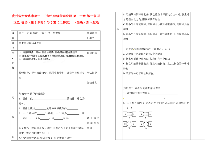 貴州省六盤(pán)水市第十三中學(xué)九年級(jí)物理全冊(cè) 第二十章 第一節(jié) 磁現(xiàn)象 磁場(chǎng)（第1課時(shí)）導(dǎo)學(xué)案（無(wú)答案） （新版）新人教版_第1頁(yè)