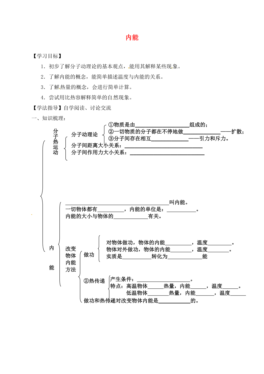 湖南省耒陽市坪田學(xué)校九年級物理全冊 13 內(nèi)能復(fù)習(xí)導(dǎo)學(xué)案（無答案）（新版）新人教版_第1頁