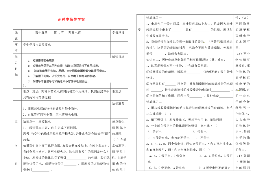 貴州省六盤水市第十三中學(xué)九年級(jí)物理全冊(cè) 第十五章 第一節(jié) 兩種電荷導(dǎo)學(xué)案（無答案） （新版）新人教版_第1頁