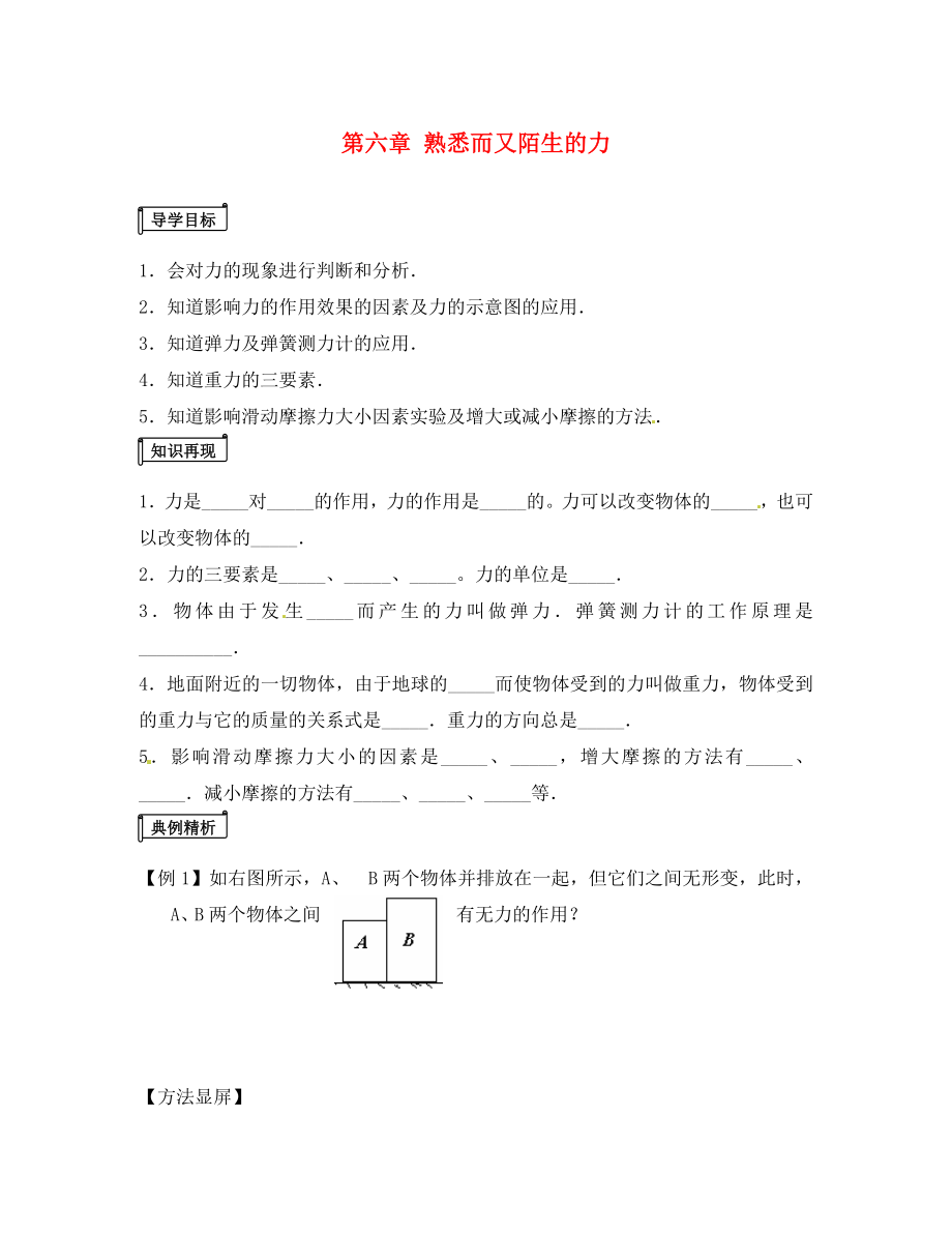 山東省平邑曾子學(xué)校八年級物理全冊 第六章《熟悉而陌生的力》復(fù)習(xí)導(dǎo)學(xué)案（無答案）（新版）滬科版_第1頁