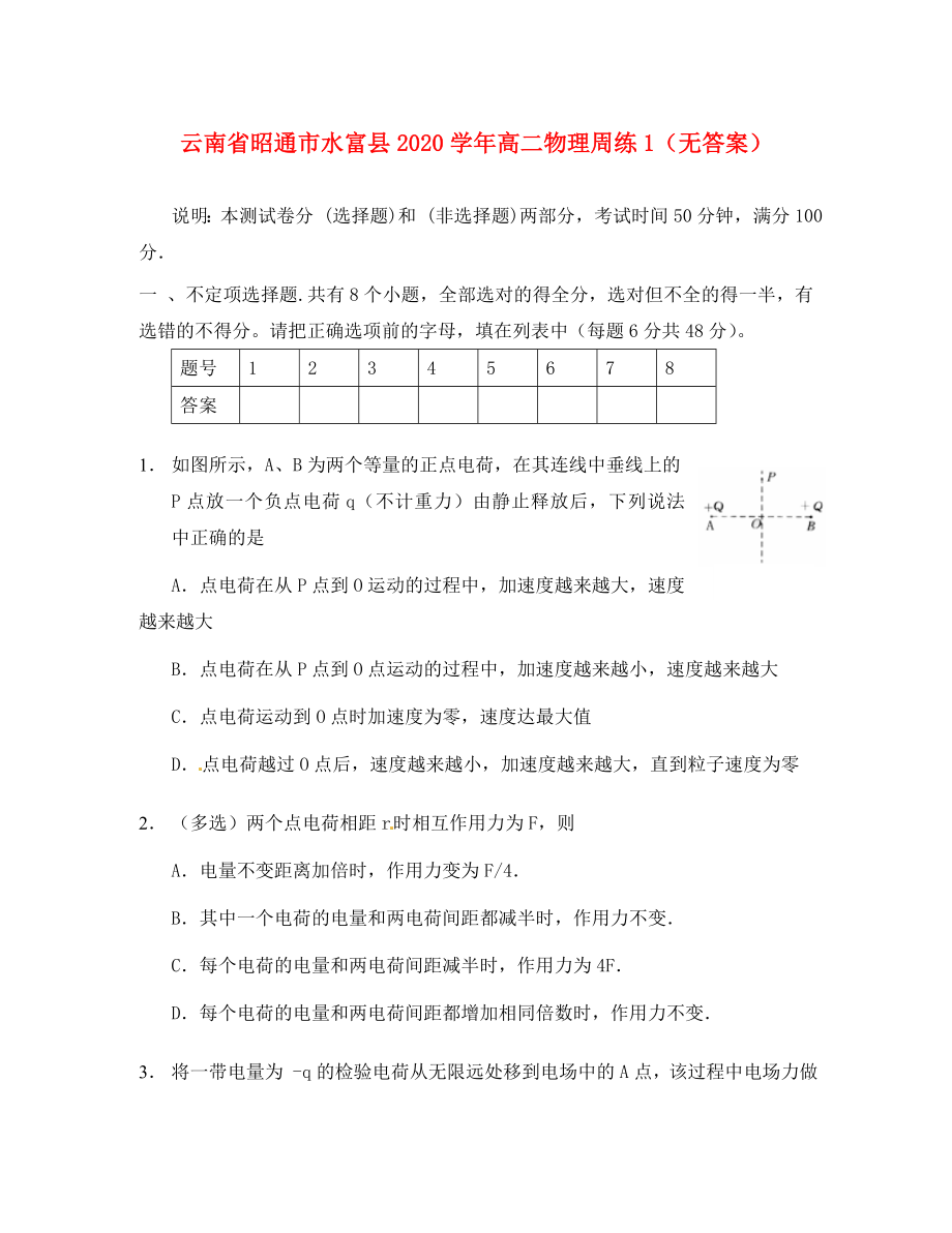 云南省昭通市水富县2020学年高二物理周练1（无答案）_第1页