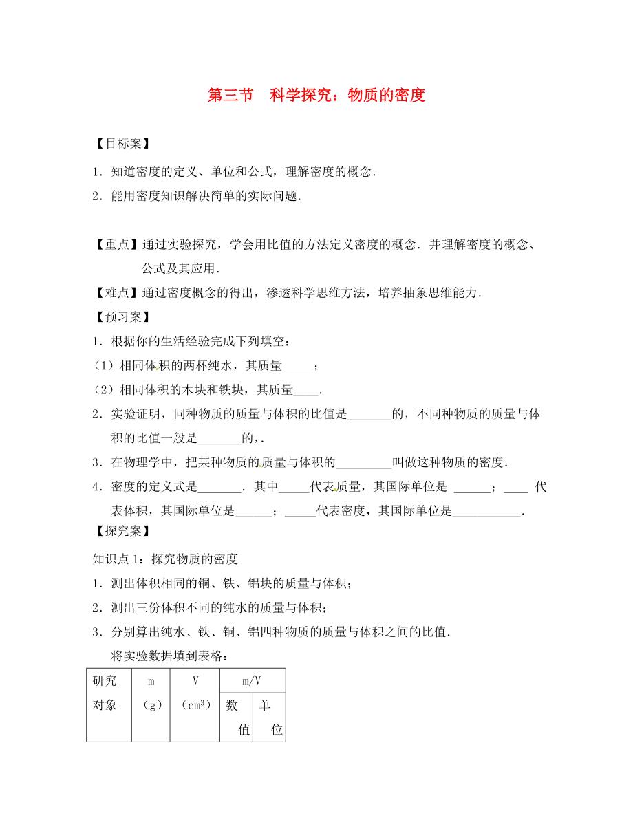 山東省平邑曾子學(xué)校八年級物理全冊 第五章 第三節(jié)《科學(xué)探究 物質(zhì)的密度》導(dǎo)學(xué)案（無答案）（新版）滬科版_第1頁