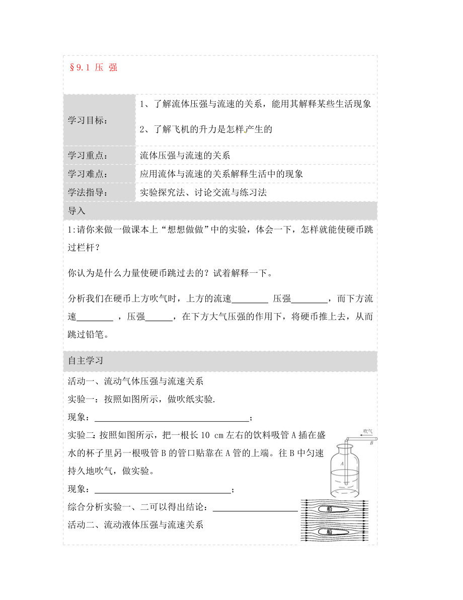 湖北省荊州市沙市第五中學(xué)八年級物理下冊 9.4 流體壓強與流速的關(guān)系學(xué)案（無答案）（新版）新人教版_第1頁