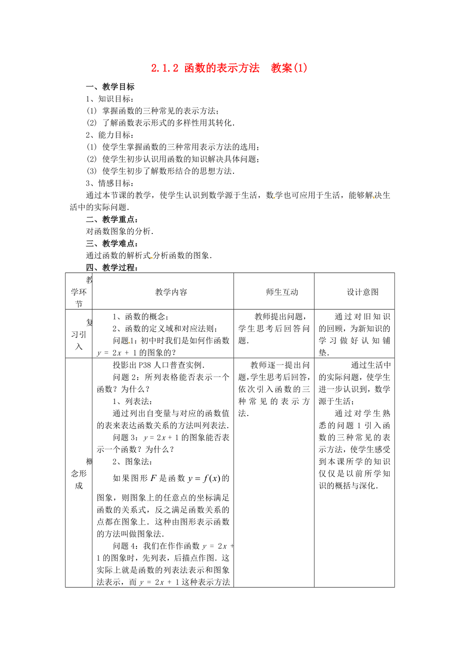 （新課程）高中數(shù)學(xué) 2.1.2《函數(shù)表示法》（1）教案 新人教B版必修1_第1頁