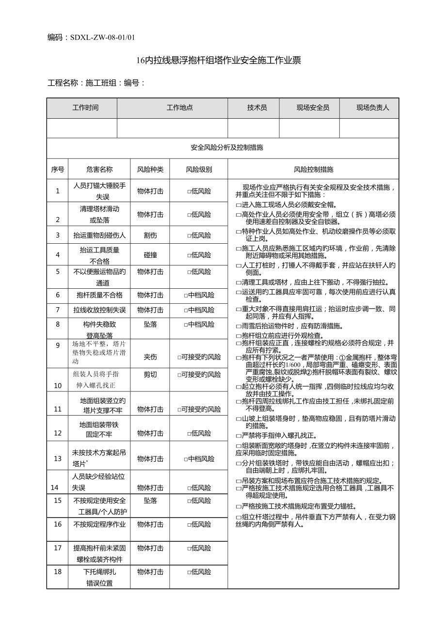 内拉线悬浮抱杆组塔作业安全综合施工作业票_第1页