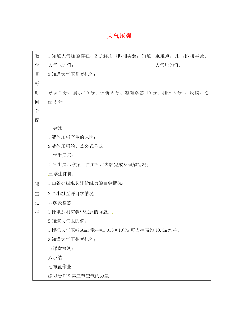 陕西省山阳县色河中学八年级物理下册 9.3 大气压强导学案（无答案）（新版）新人教版_第1页