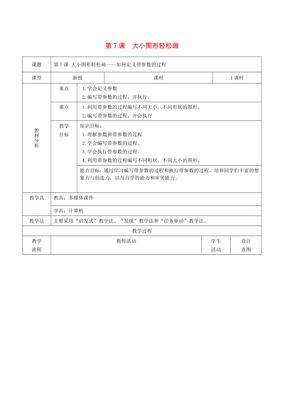 小學(xué)信息技術(shù)第三冊(cè)下 第7課 大小圖形輕松畫——如何定義帶參數(shù)的過(guò)程1教案 泰山版_第1頁(yè)