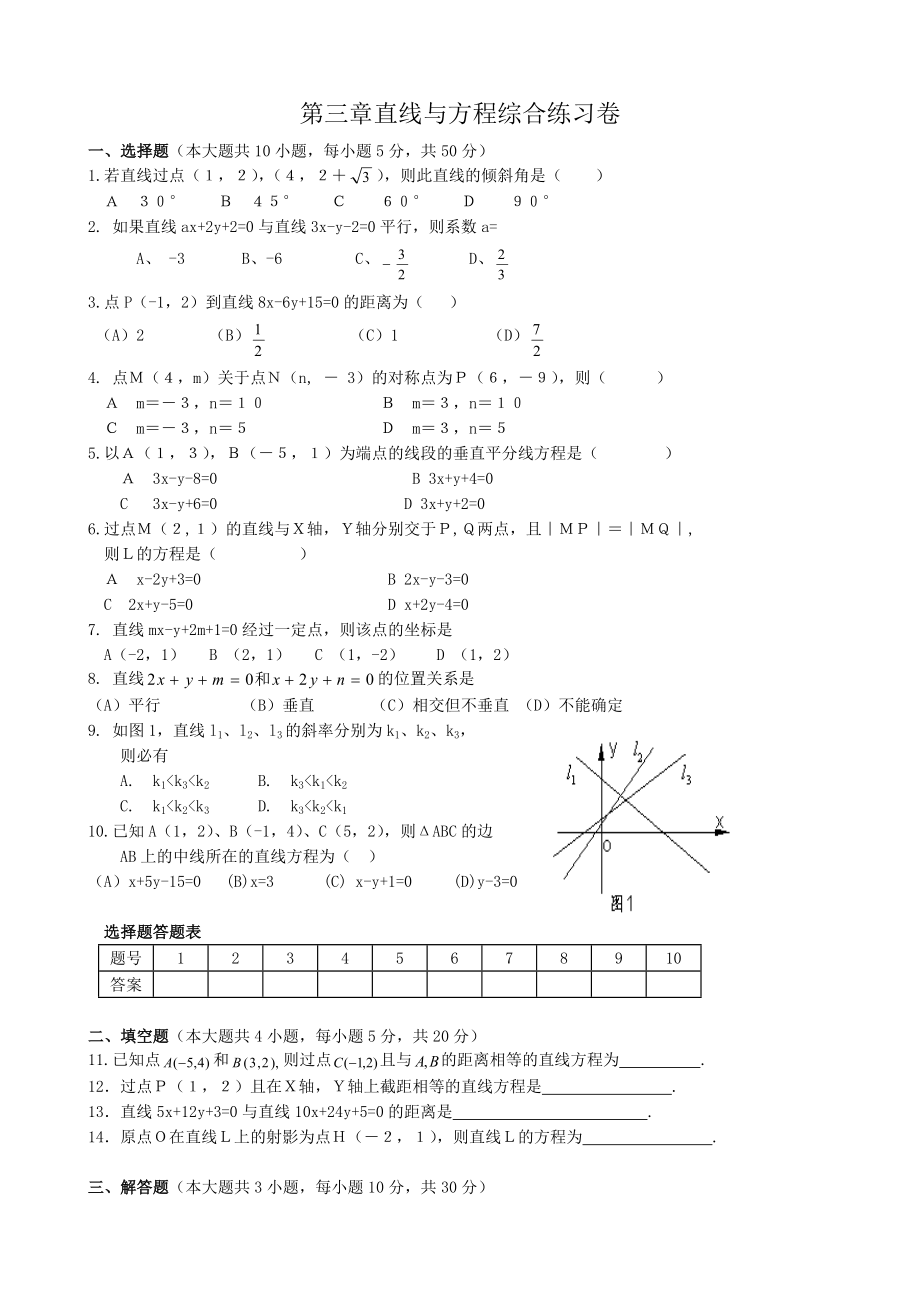 高中數(shù)學第三章直線與方程綜合練習 新課標 人教版 必修2(A)_第1頁