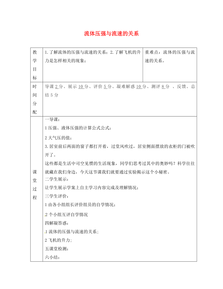 陕西省山阳县色河中学八年级物理下册 9.4 流体压强与流速的关系导学案（无答案）（新版）新人教版_第1页