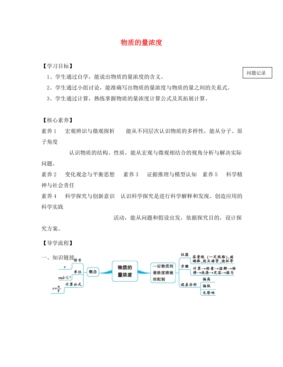 湖北省武汉市高中物理 第一章 从实验学化学 1.2.5 物质的量（五）物质的量浓度导学案（无答案）新人教版必修1（通用）_第1页