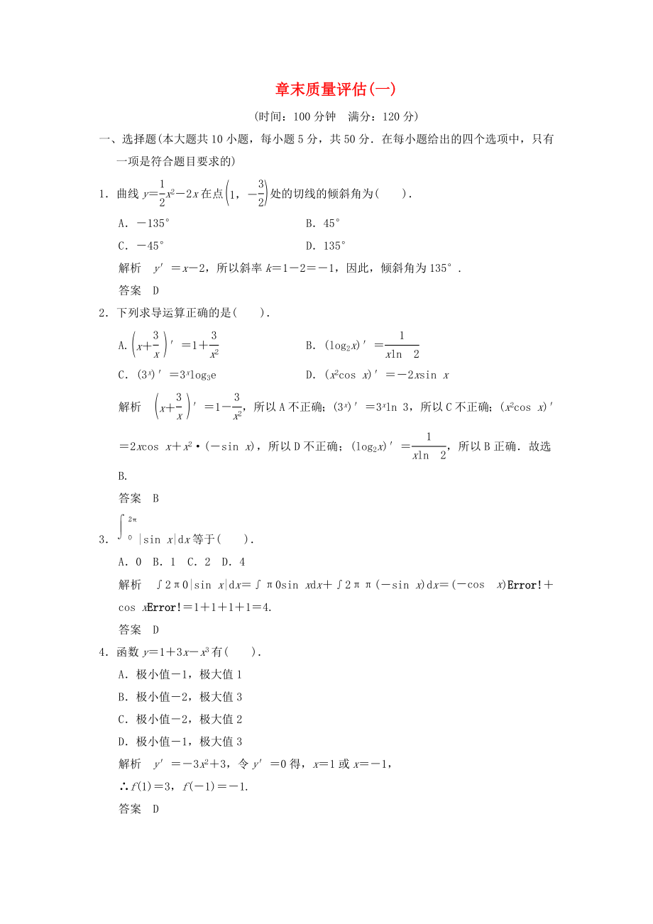 （新課程）高中數(shù)學《第一章 導數(shù)及其應用》章末質(zhì)量評估 新人教A版選修2-2_第1頁