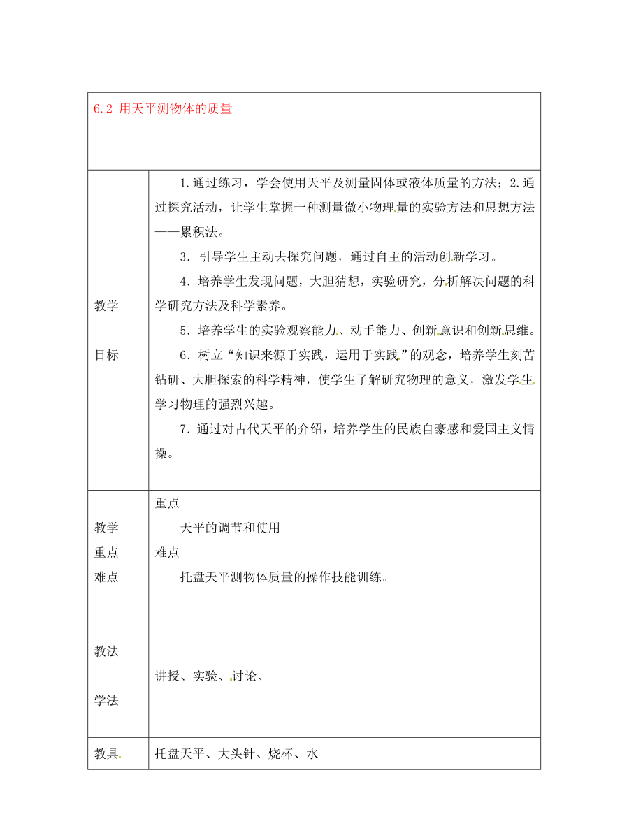 陕西省龙凤培训学校八年级物理下册 6.2 用天平测物体的质量教案 苏科版_第1页