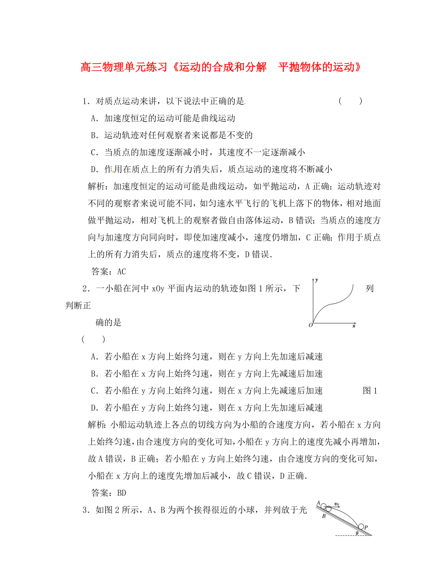 福建省建瓯市第二中学2020届高三物理一轮复习 运动的合成和分解 平抛物体的运动单元练习_第1页