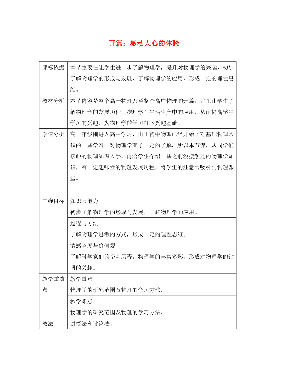 陜西省石泉縣高中物理 開篇：激動人心的萬千體驗教案1 滬科版必修1（通用）_第1頁