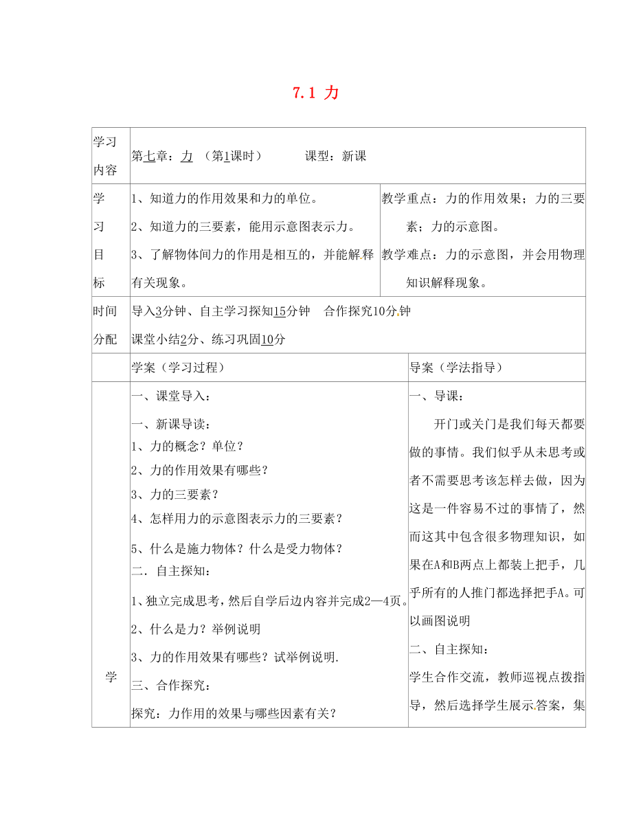 陕西省山阳县色河中学八年级物理下册 7.1 力导学案2（无答案）（新版）新人教版_第1页