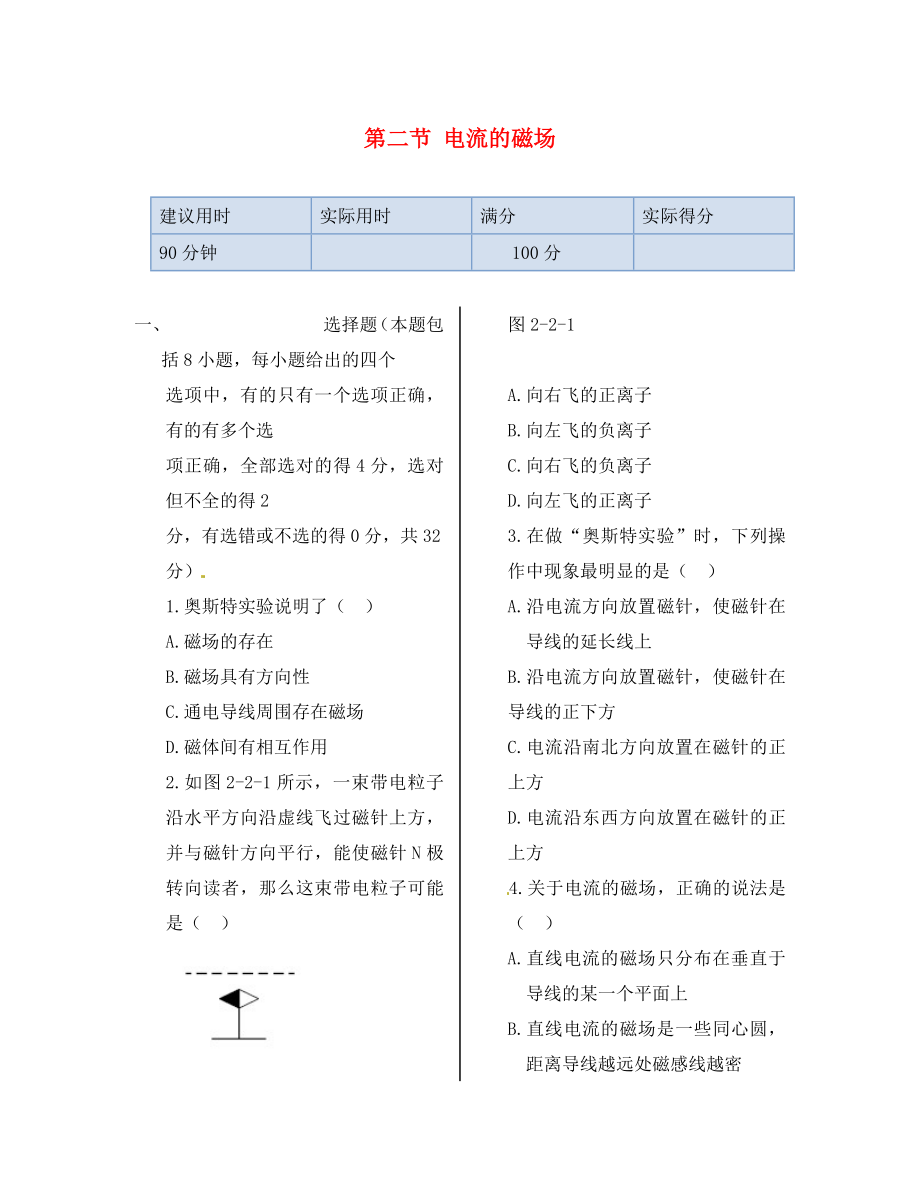 湖南省醴陵市青云學(xué)校高中物理 第二章 第二節(jié) 電流的磁場同步檢測 新人教版選修1-1（通用）_第1頁