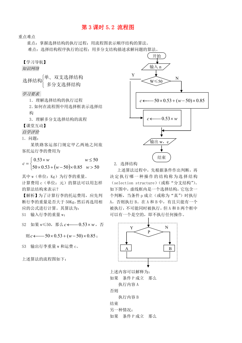 高中數(shù)學(xué) 第五章 第3課時《選擇結(jié)構(gòu)》教案（學(xué)生版） 蘇教版必修3_第1頁