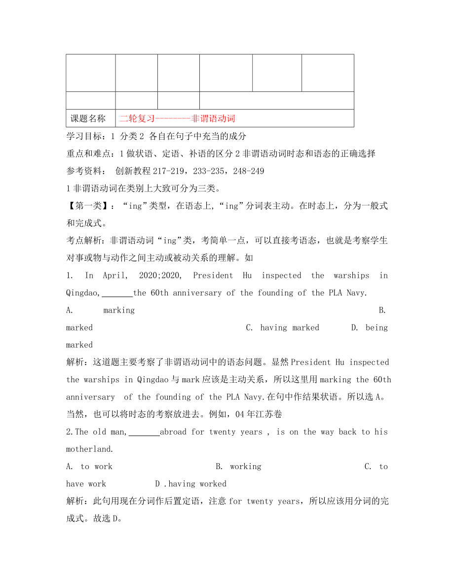 2020年高考英語二輪復(fù)習(xí) 非謂語動詞學(xué)案_第1頁