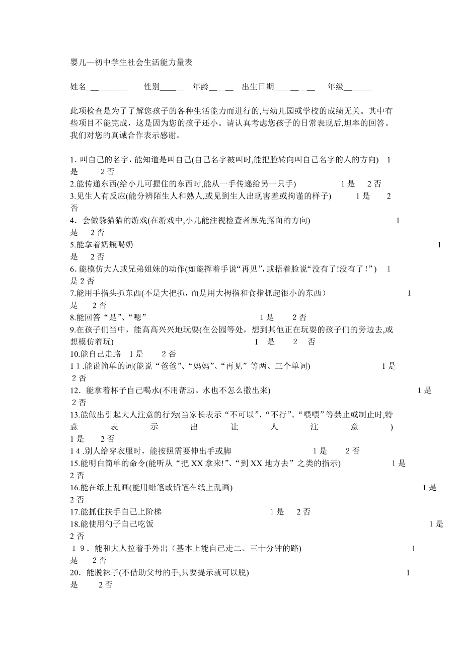 婴儿初中学生社会生活能力量表试卷教案_第1页